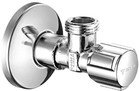 Ein glänzendes Metallventil mit rundem Griff, das typischerweise zur Steuerung des Wasserflusses in Haushaltsinstallationen verwendet wird.