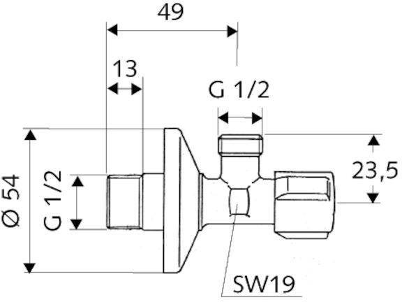 Technische Zeichnung eines G 1/2 Ventils mit Maßen: 49 mm Länge, 13 mm Höhe und dargestellten Anschlussgrößen. Beschriftet mit SW19.