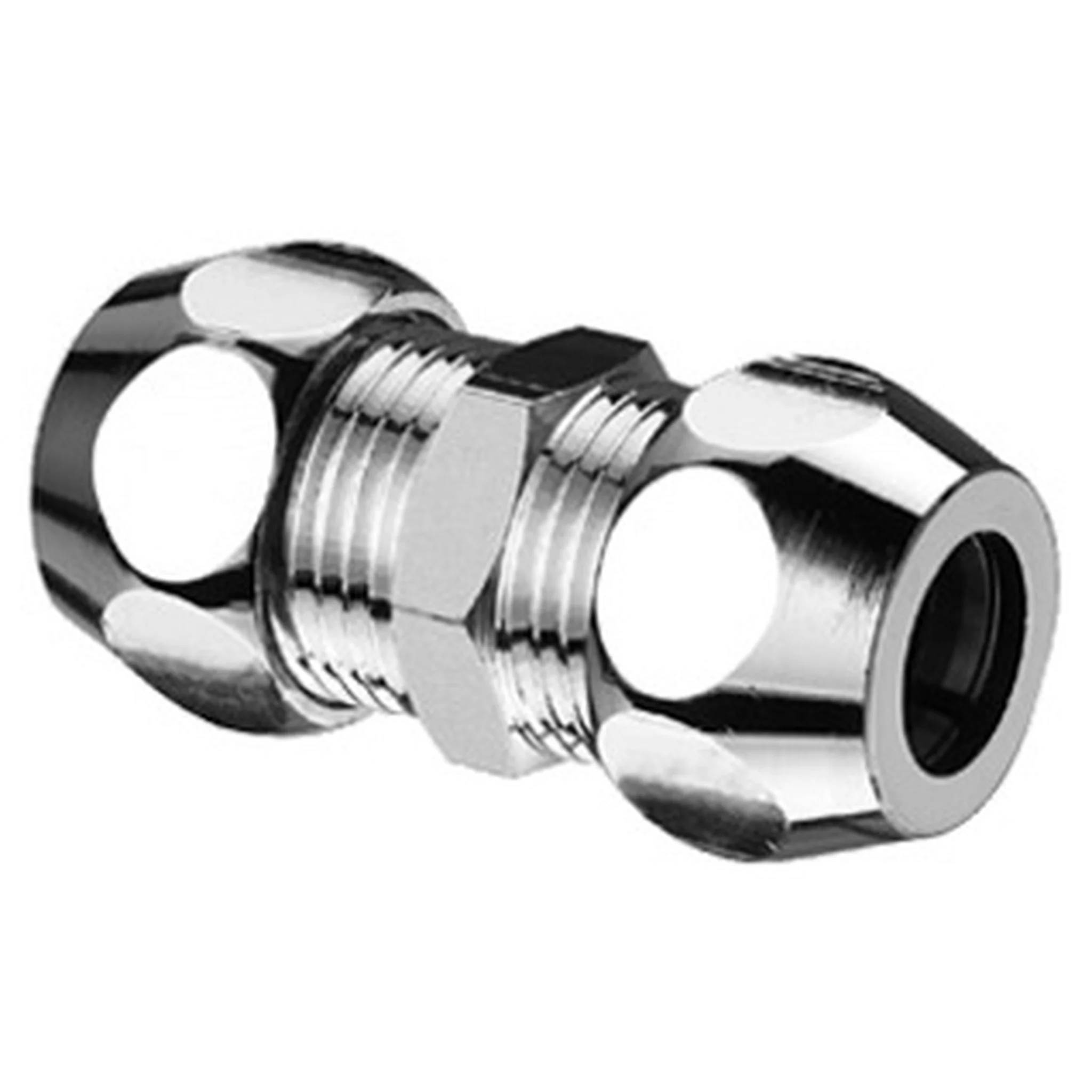 Chrommetallschlauchverbinder mit Gewindeverbinder und Sechskantmitte auf weißem Hintergrund
