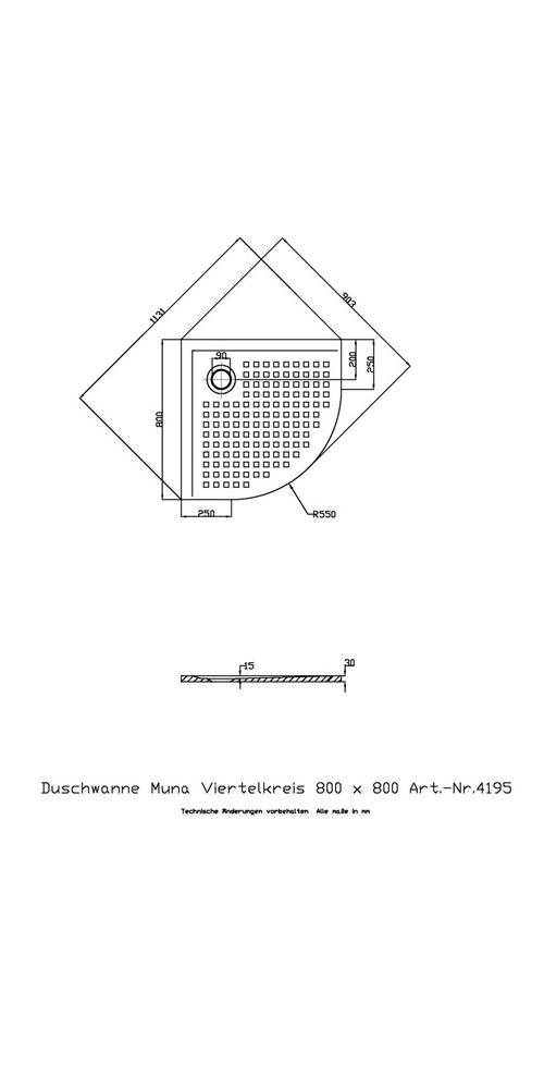 HOESCH Viertelkreis-Duschwanne MUNA mit Antirutsch 800x800x30mm weiß