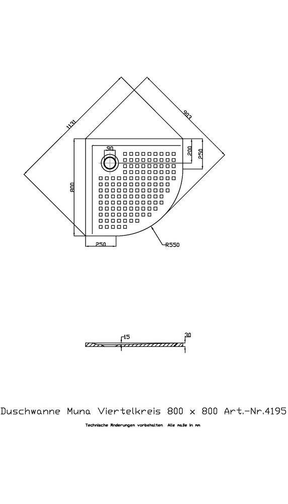 HOESCH Viertelkreis-Duschwanne MUNA mit Antirutsch 800x800x30mm weiß