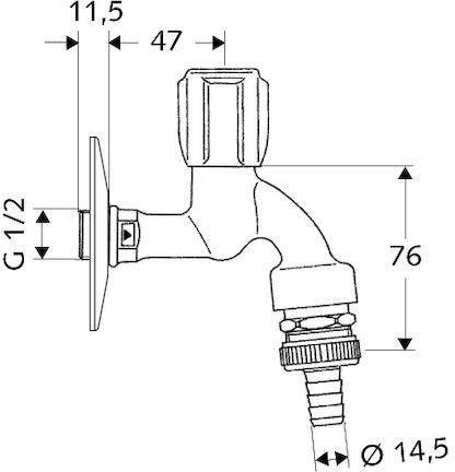 Technische Zeichnung eines Wasserhahns mit Abmessungen: Höhe 76 mm, Breite 47 mm, Einlassgröße G 1/2, Auslassdurchmesser 14,5 mm.