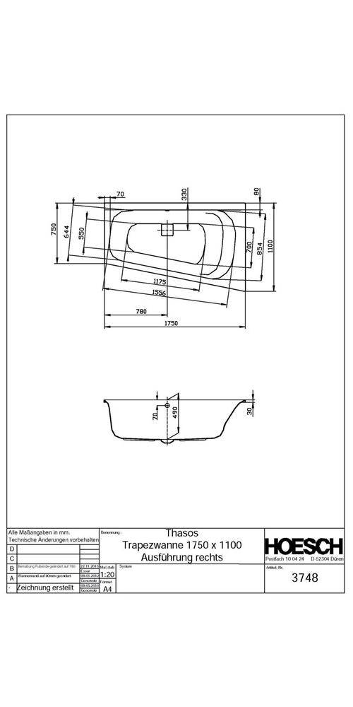HOESCH Trapez-Badewanne THASOS 1750x1100x490mm re we 1750 x 1100 x