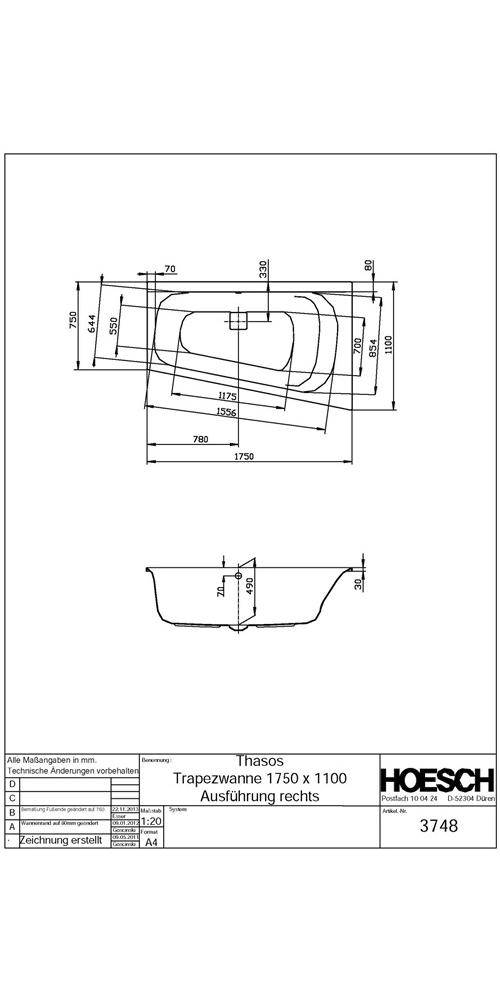 HOESCH Trapez-Badewanne THASOS 1750x1100x490mm re we 1750 x 1100 x