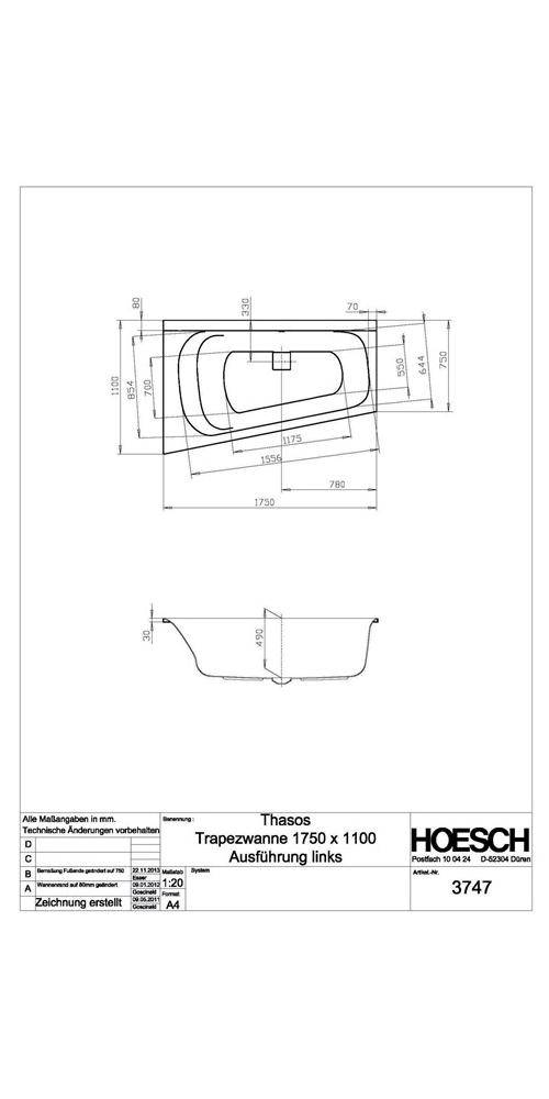 HOESCH Trapez-Badewanne THASOS 1750x1100x490mm li we 1750 x 1100 x