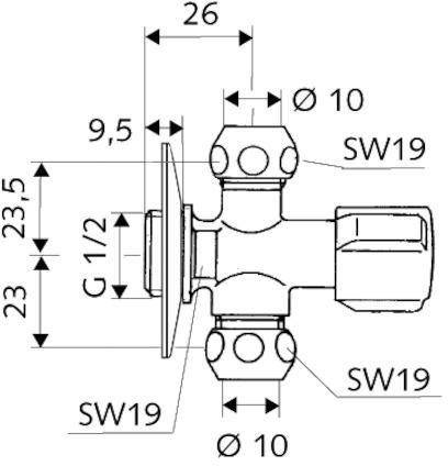 SCHELL Eckventil COMFORT 1/2Zoll chrom mit 2 Abgängen 3/8Zoll
