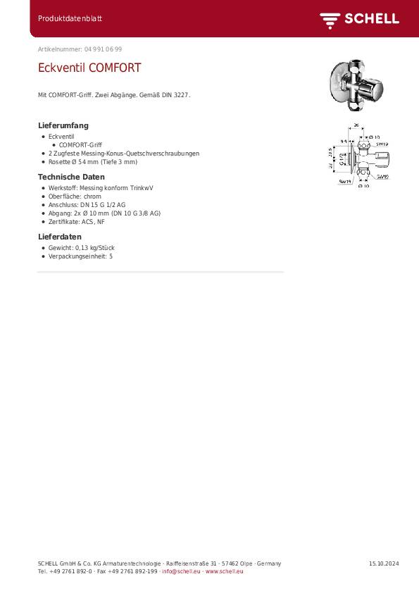 SCHELL Eckventil COMFORT 1/2Zoll chrom mit 2 Abgängen 3/8Zoll