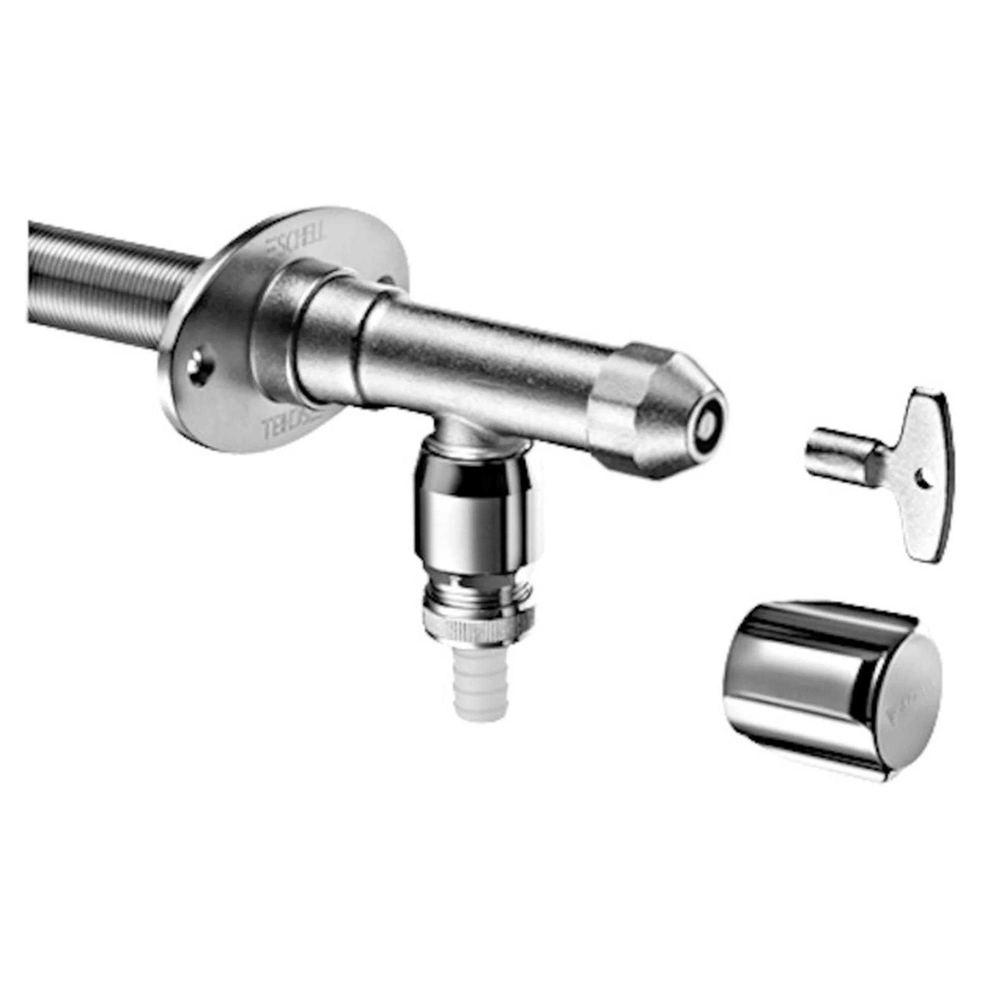 Chrom-Toilettenspülventil mit seitlichem Einlassrohr, Bodenauslass und separaten Schlüssel- und Kapenteilen auf weißem Hintergrund.