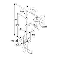 Technische Diagramm für Duscharmatur mit Abmessungen, zeigt einen vertikalen Steigrohr, Übergangsbrause, Handbrause und Wandmontage-Ventilverbindungen.