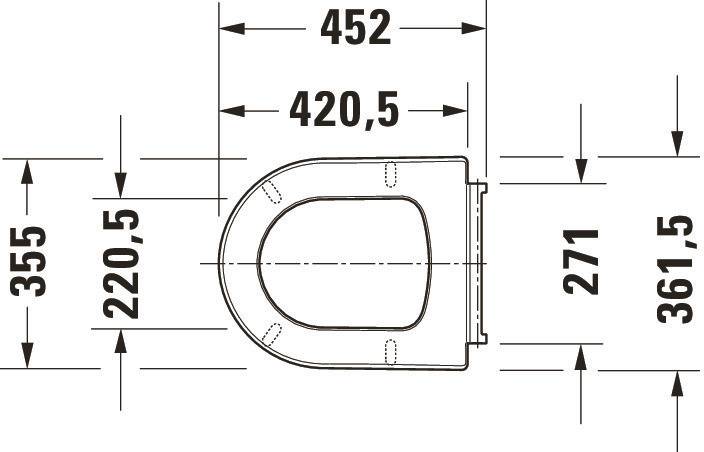 Technische Zeichnung eines Toilettensitzes, von oben dargestellt mit Bemaßungspfeilen und in Millimetern angegebenen Maßen.