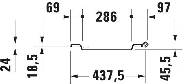 Technische Zeichnung einer gebogenen Metallklammer mit beschrifteten Schlüsseldimensionen, einschließlich einer Länge von 437,5 mm, einer mittleren Spannweite von 286 mm und Höhen von 24, 18,5, 45,5, 69 und 97 mm.