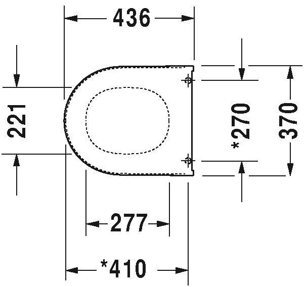 Technische Toilettendeckel-Skizze mit Bemaßungspfeilen: 436 mm Breite, 370 mm Länge, 221 mm Höhe und gekennzeichnete Unterbemaßungen 277, 410 und 270 mm.