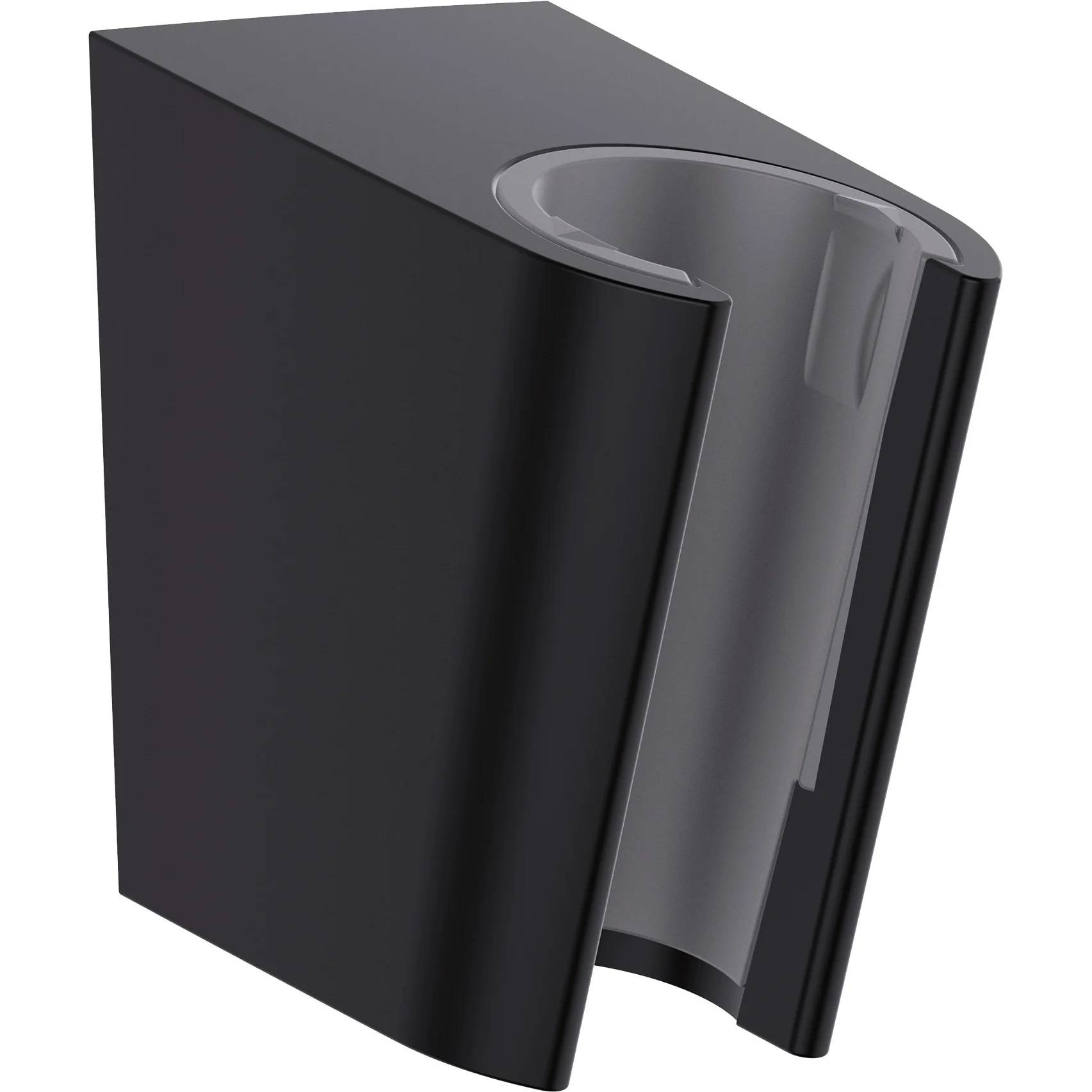 Schwarze, gebogene Wandmontage-Becherhalter oder Hülle mit offener Vorderseite und glänzender Innenfläche.