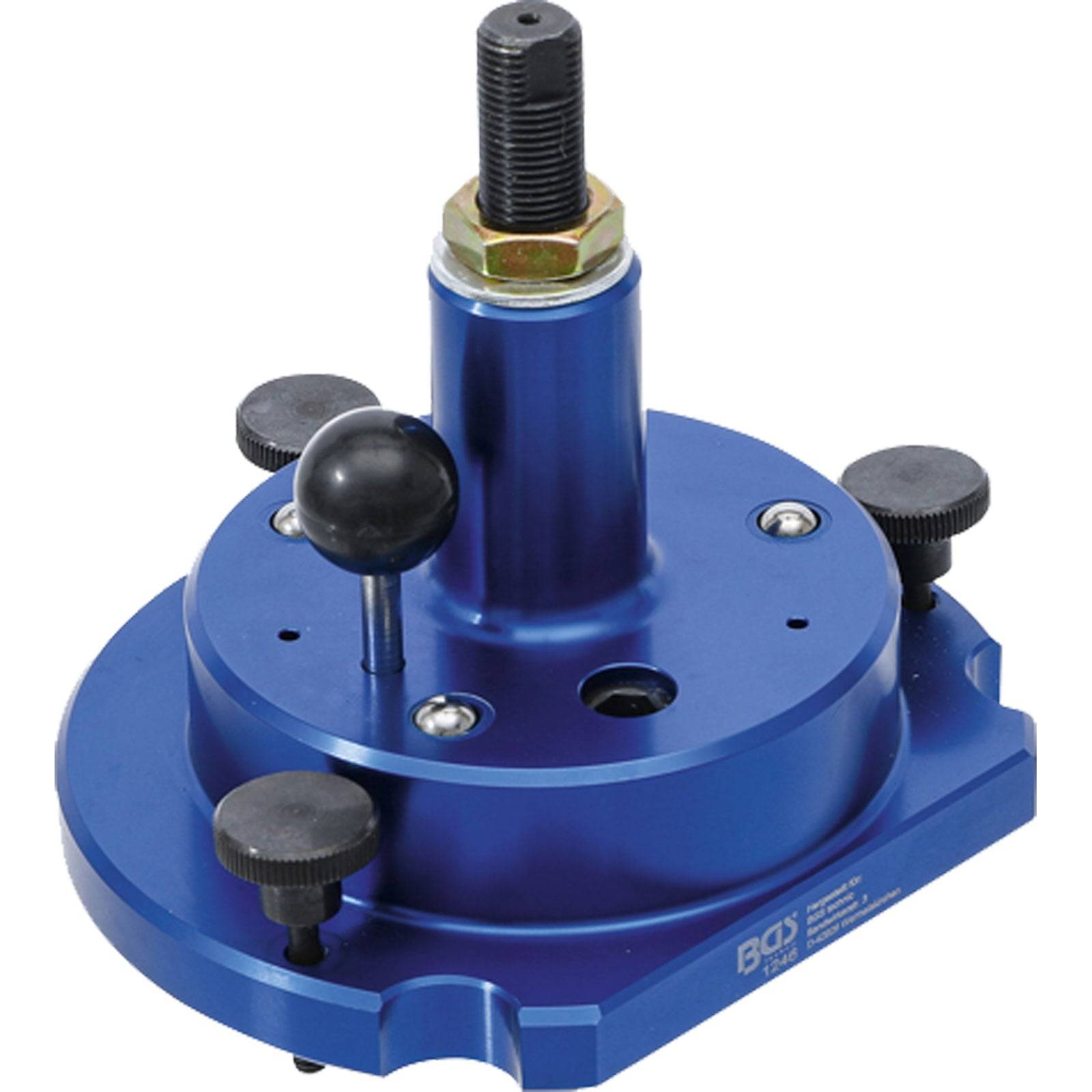 Eine blaue Mehrfachloch-Auszieher-Spindel mit verstellbaren Knöpfen, für mechanische Zwecke konzipiert, vor einem einfarbigen Hintergrund.