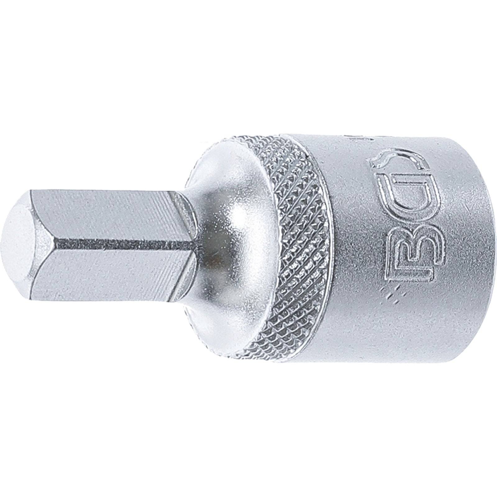 Ein silberner Sechskant-Bitadapter mit strukturierter Griffoberfläche zur Verwendung mit Steckschlüsseln.