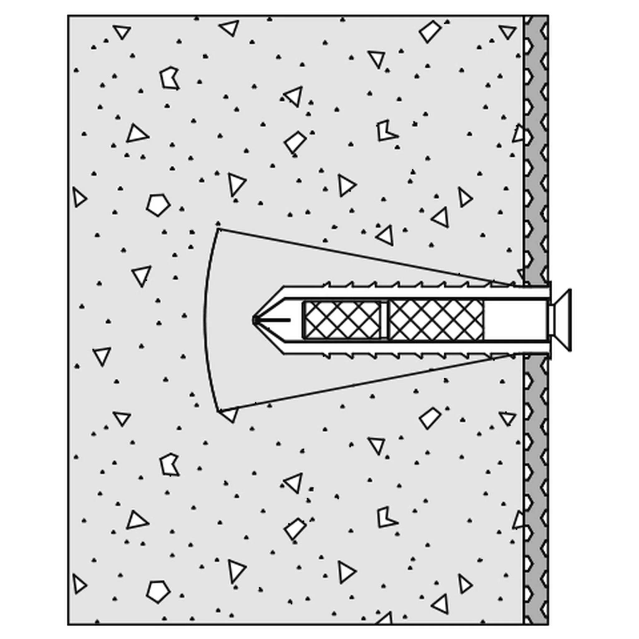 Diagramm eines Bohrers, der in eine Mauer eindringt, wobei der Bohrer von rechts in gesprenkeltes Mauerwerk eindringt.