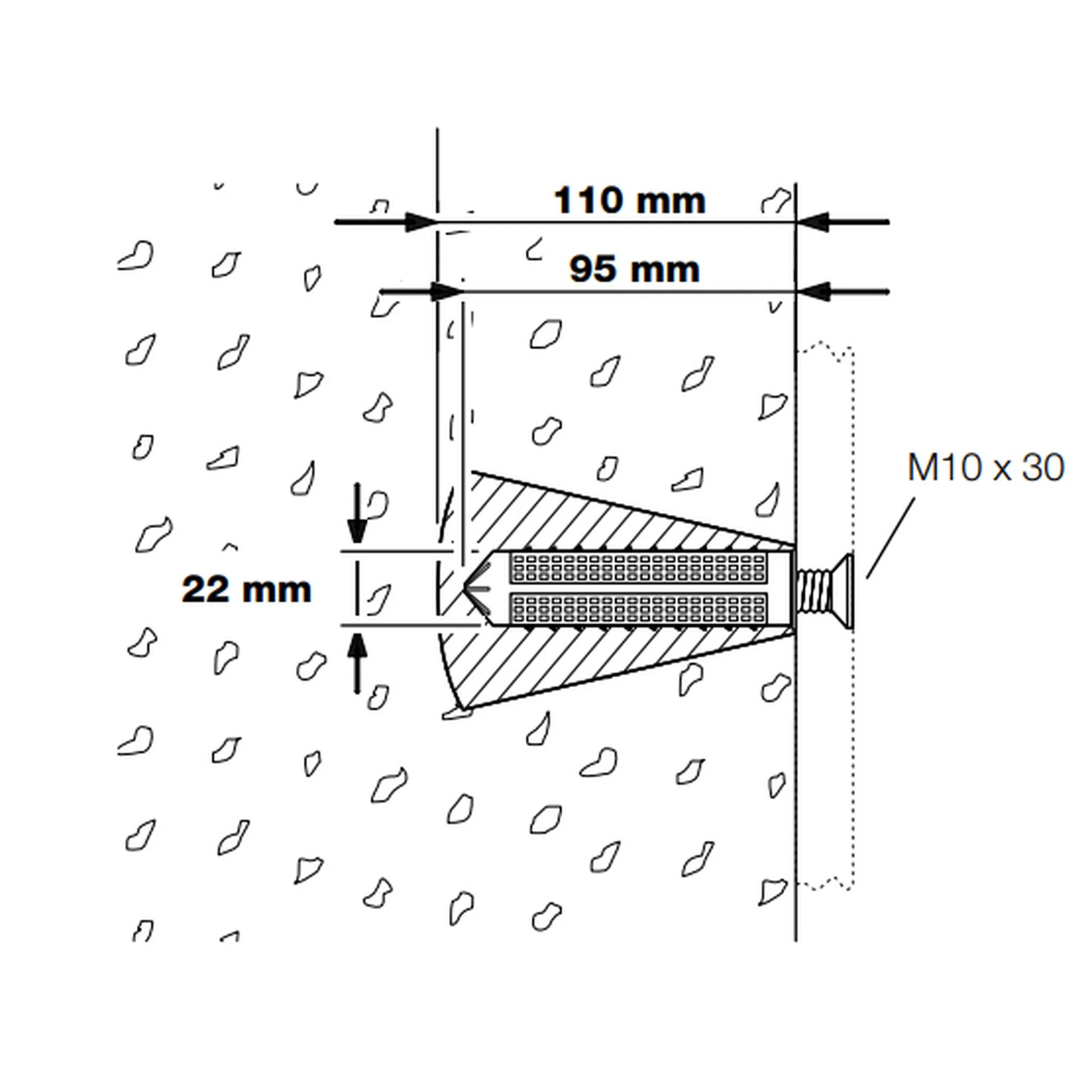 Installationsdiagramm für Wandanker, das einen 95 mm Anker zeigt, der in Mauerwerk versenkt ist, 110 mm Gesamttiefe, 22 mm Kantenabstand, gesichert mit einer M10 x 30 Schraube.