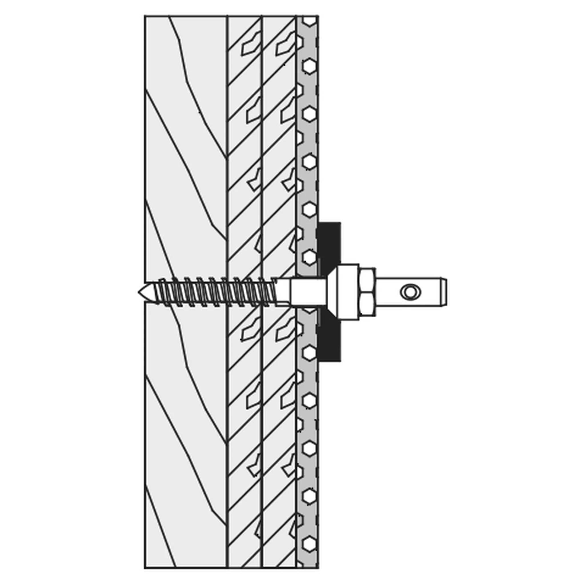 Diagramm einer Gewindestange, die durch Holz und Verkleidung in eine Wand verankert ist, mit einer Unterlegscheibe und einem Bolzen, der nach außen herausragt.