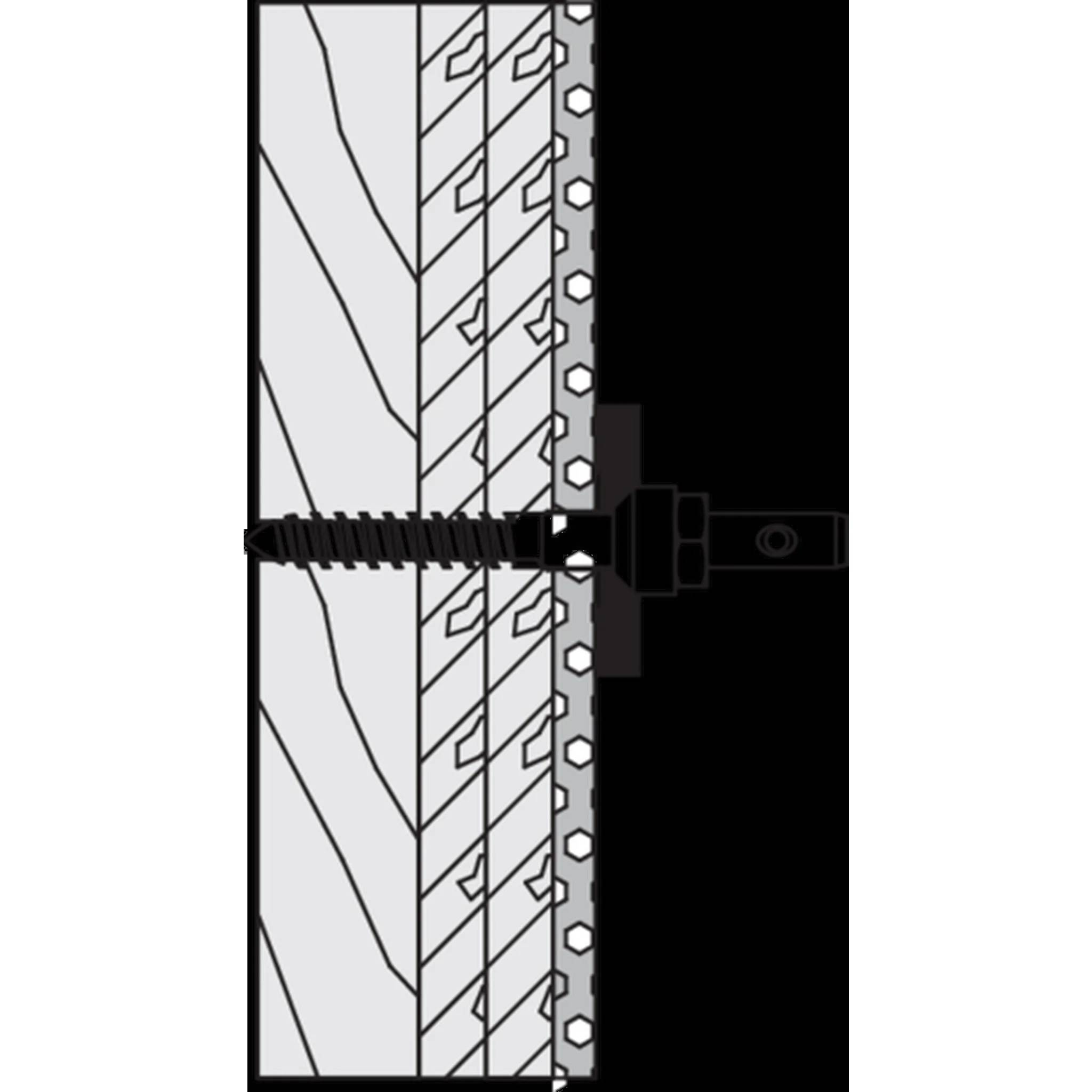 Querschnittsdiagramm einer Schraubverbindung zur Befestigung von Schichtmaterialien an einer Wand, das zeigt, wie eine Dübel oder ein Bolzen durch die Baugruppe verläuft.