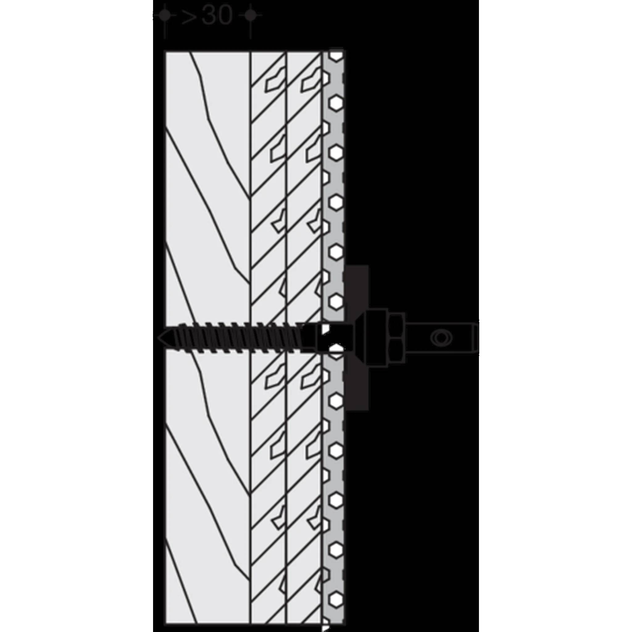 Querschnittsdiagramm einer Wandanker-Schraube, die eine Halterung durch geschichtete Materialien sichert und die in der Wand eingebettete Schraube und Befestigung zeigt.