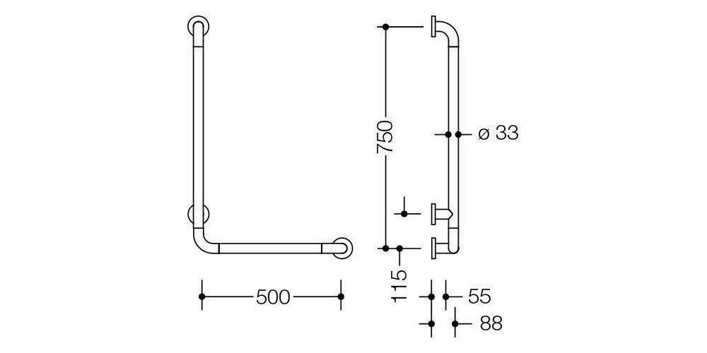 HEWI Winkelgriff SERIE 801 waager. 500mm, senkr. 750mm reinweiß