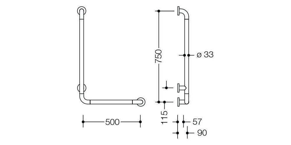 HEWI Winkelgriff SERIE 801 waager. 500mm, senkr. 750mm reinweiß