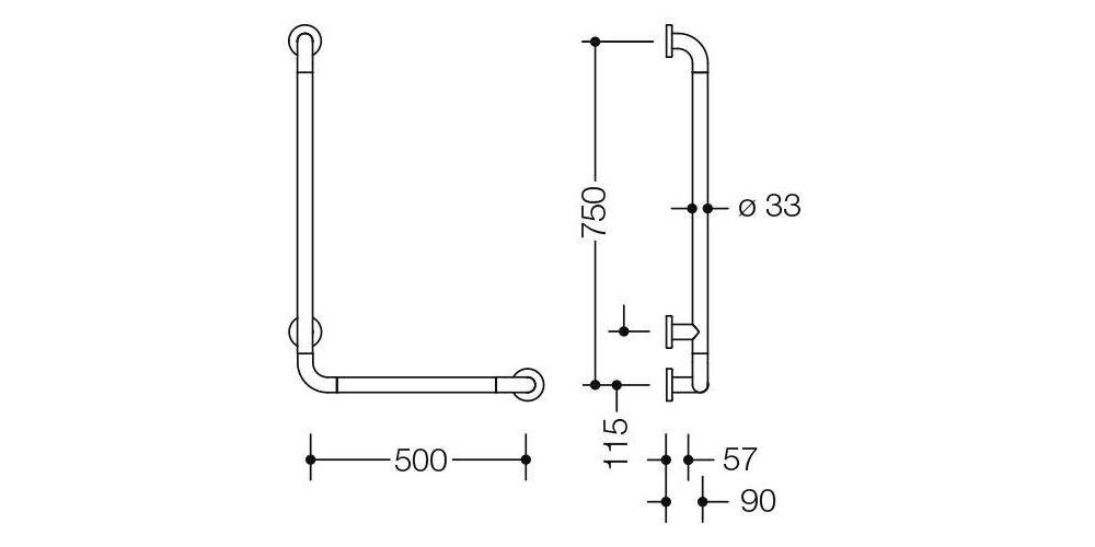 HEWI Winkelgriff SERIE 801 waager. 500mm, senkr. 750mm reinweiß