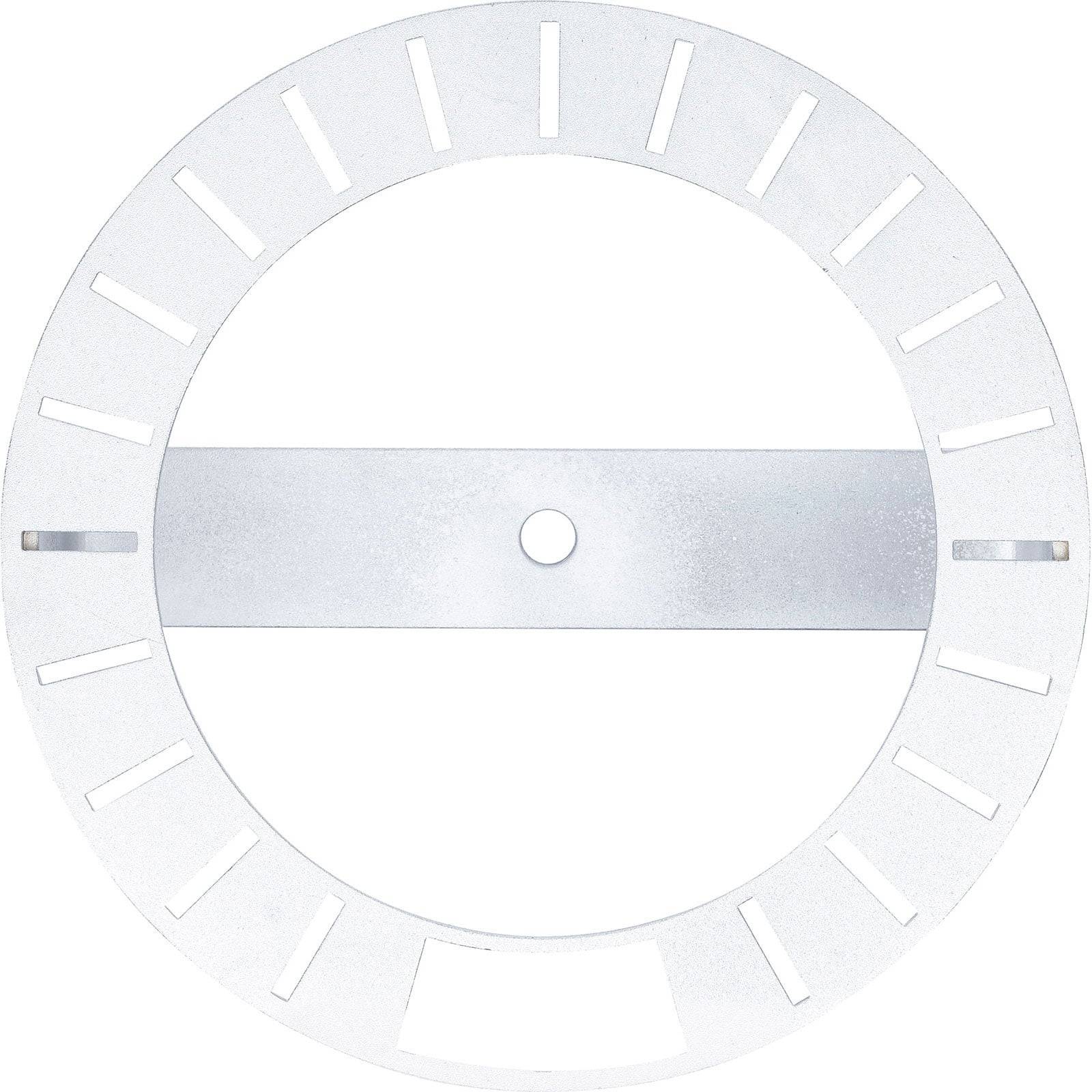Eine weiße kreisförmige Scheibe mit gleichmäßig verteilten rechteckigen Aussparungen entlang des Umfangs, die einem stilisierten Rad- oder Speichenmuster ähnelt.