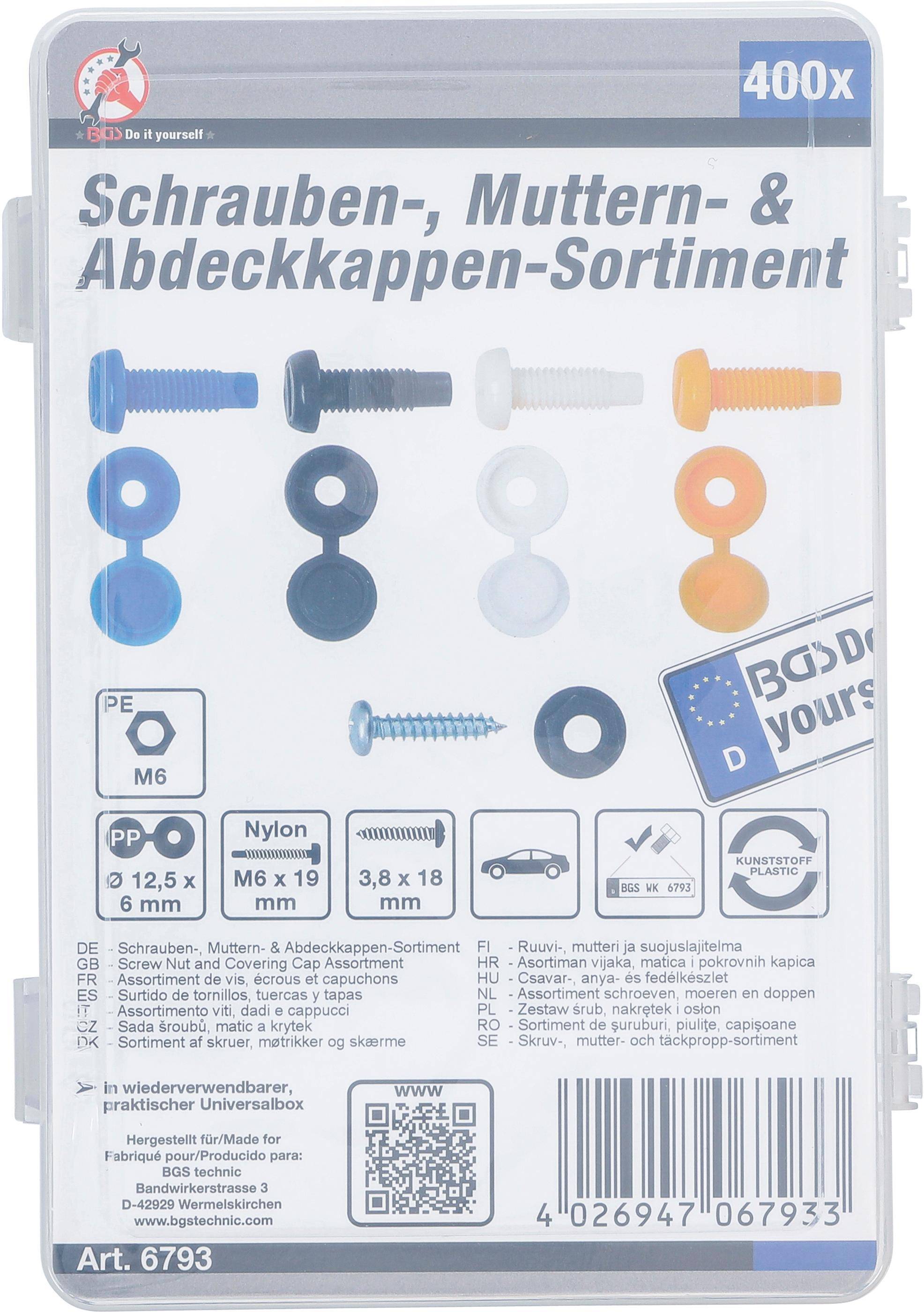BGS Diy Schrauben-, Muttern- und Abdeckkappen-Sortiment | 400-tlg.