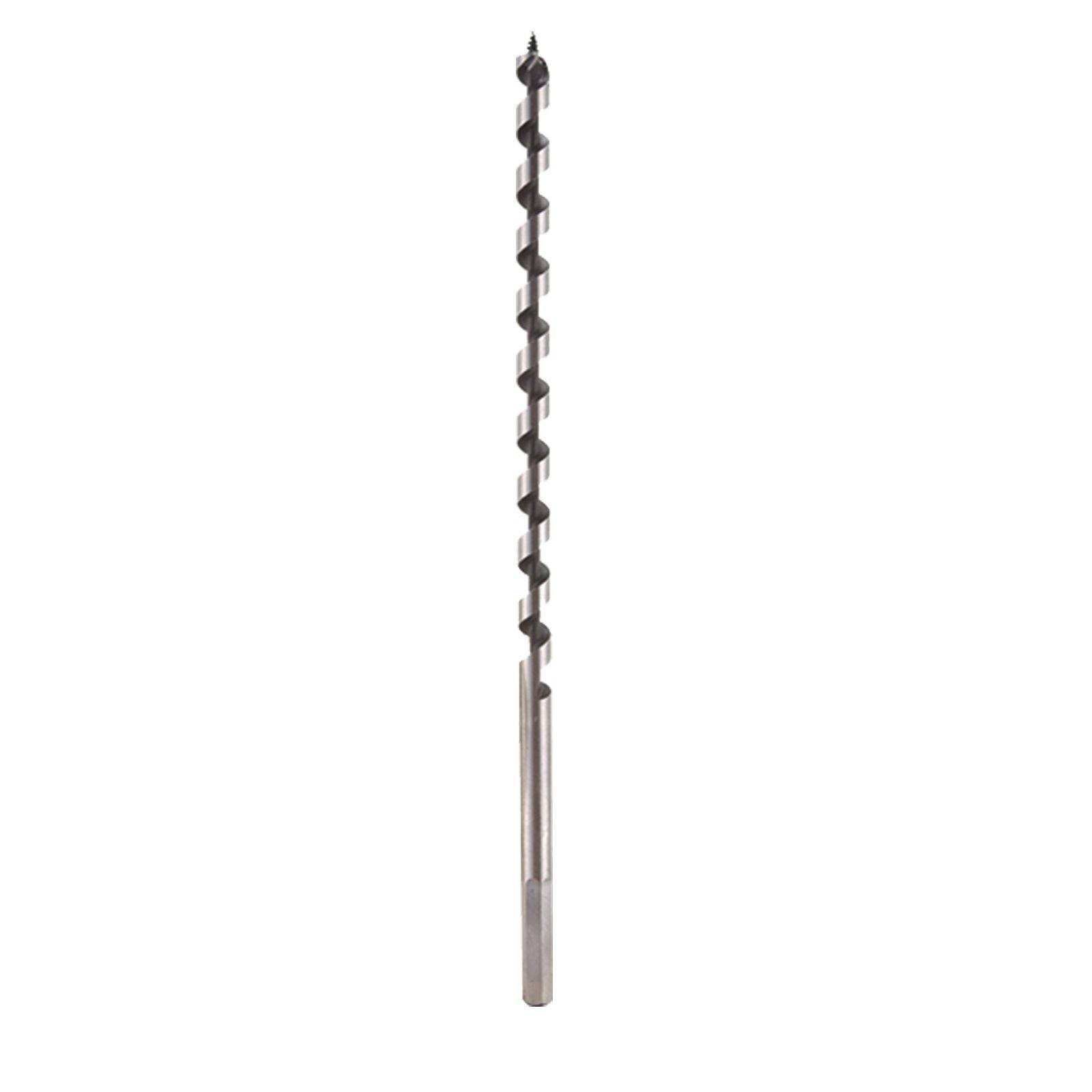 Ein langer Metallschneckenbohrer mit spiraligem Schneidschaft und glattem zylindrischem Schaft, isoliert auf weißem Hintergrund.