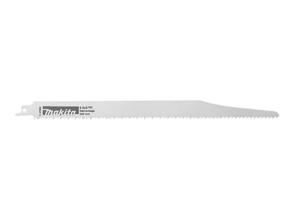 Ein langes silbernes Makita-Sägeblatt mit feinen Zähnen, gekennzeichnet mit „6x ZP/TPI Demolition 300 mm