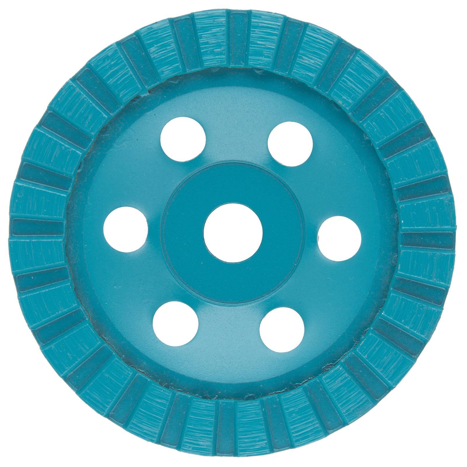 Eine blaue Lamellenscheibe mit einem zentralen Loch und mehreren kleineren Löchern rundherum, die zum Schleifen oder Polieren von Oberflächen verwendet wird.