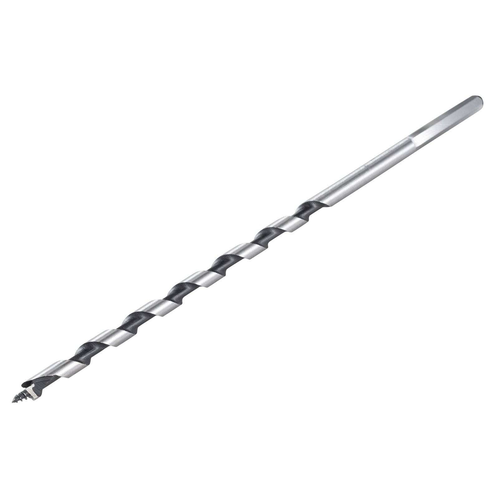 Ein langer, silber- und schwarzer Schraubbohrer mit einer spitzen Spitze, der zum Bohren in Holz entwickelt wurde.