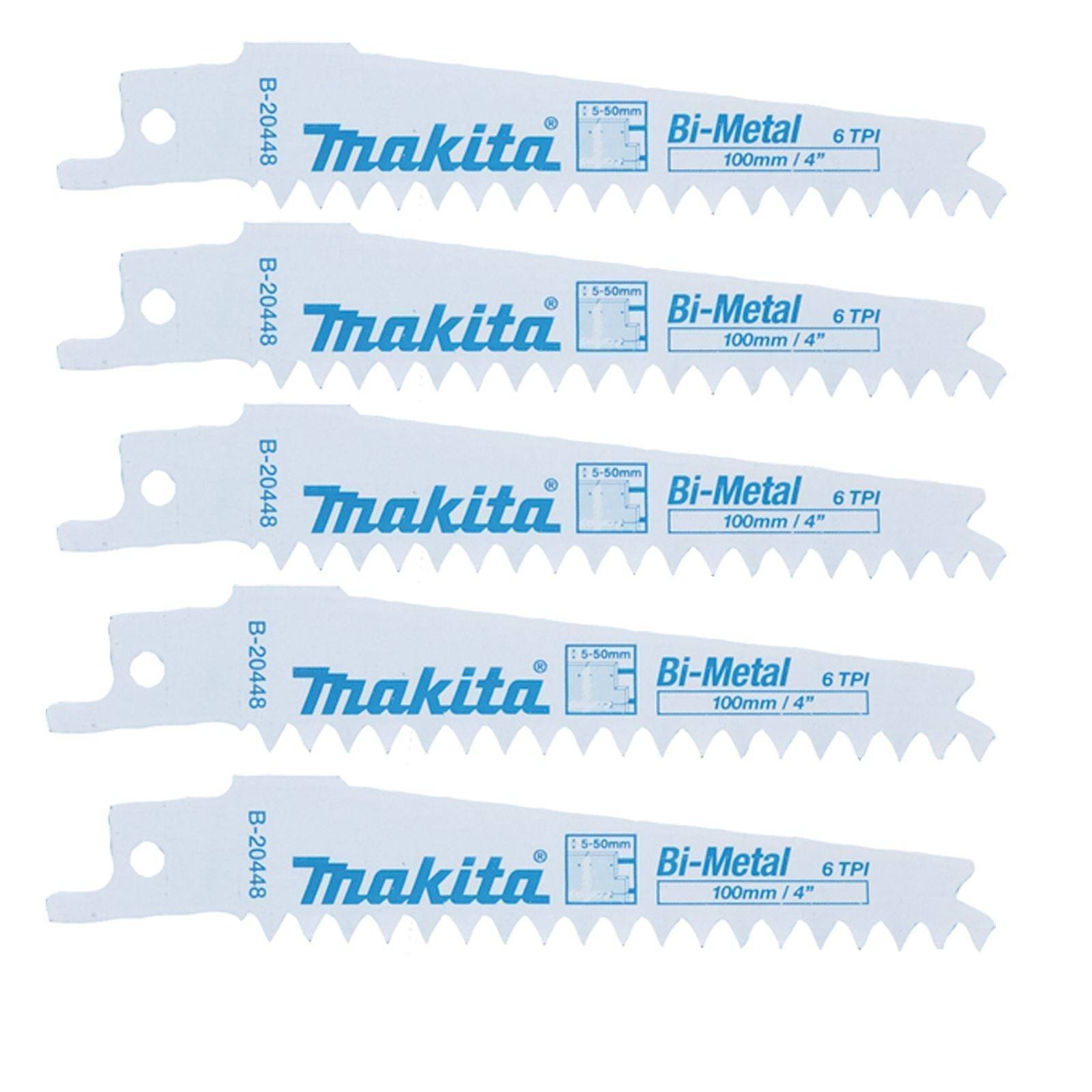 Fünf Makita Bi-Metall-Sägeblätter, 100 mm/4 Zoll, mit 6 Zähnen pro Zoll (ZpZ). Zum Schneiden konzipiert, in gestapelter Anordnung dargestellt.