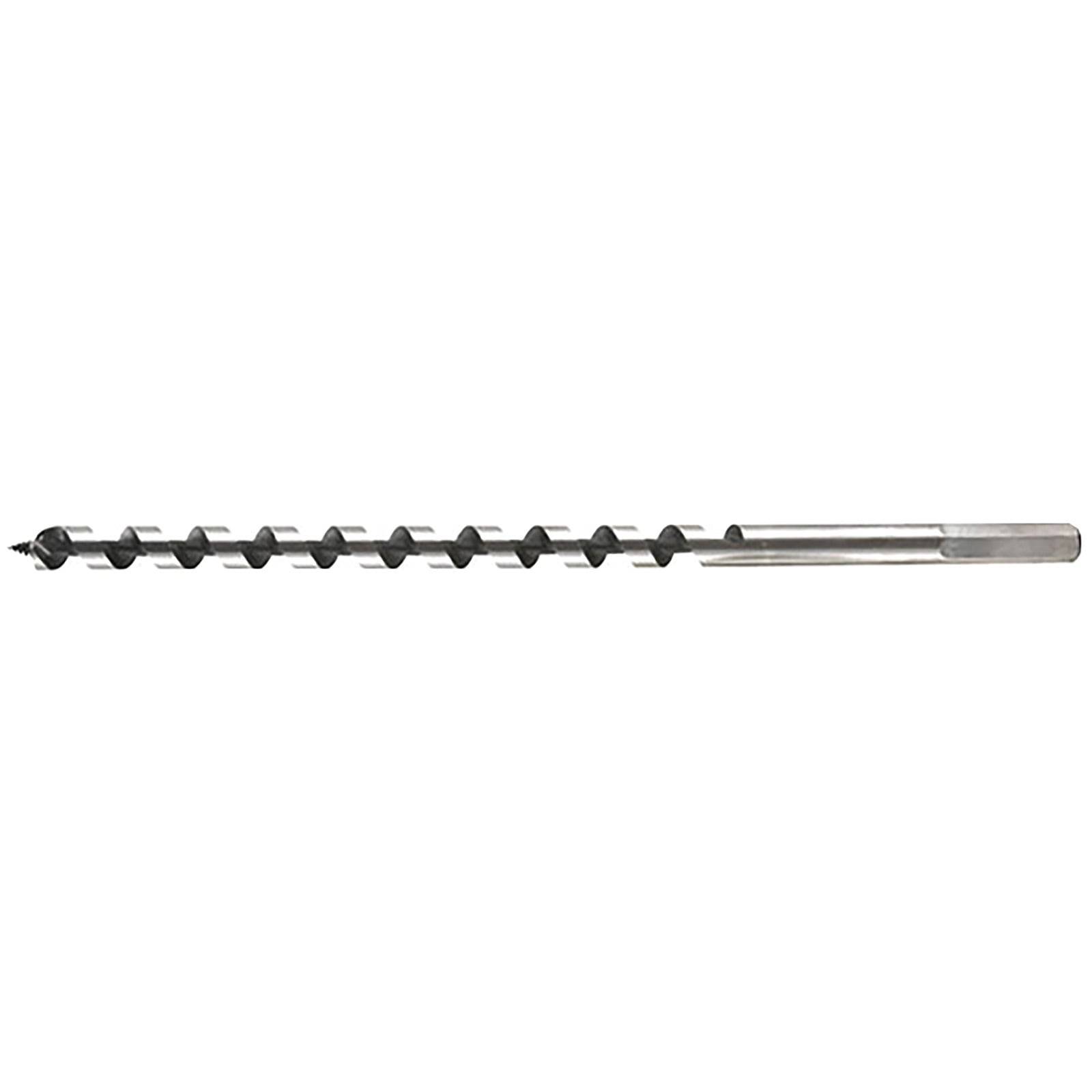 Ein langer, metallener Auger-Bohrer mit einer spiralförmigen Nut und einer spitzen Spitze, der zum Bohren in Holz oder anderen Materialien verwendet wird.