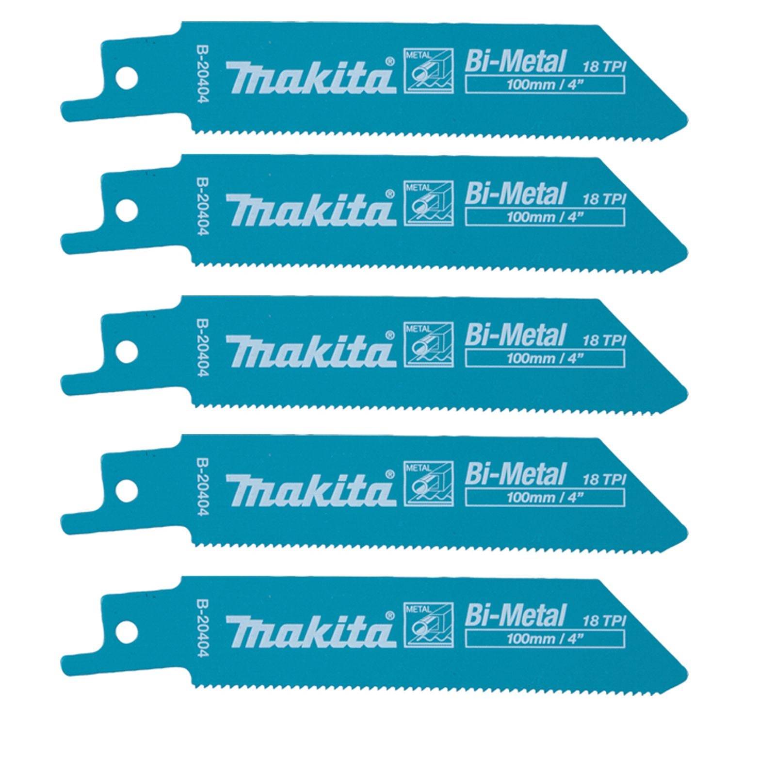 Fünf blaue Makita Säbelsägeblätter, gekennzeichnet als 