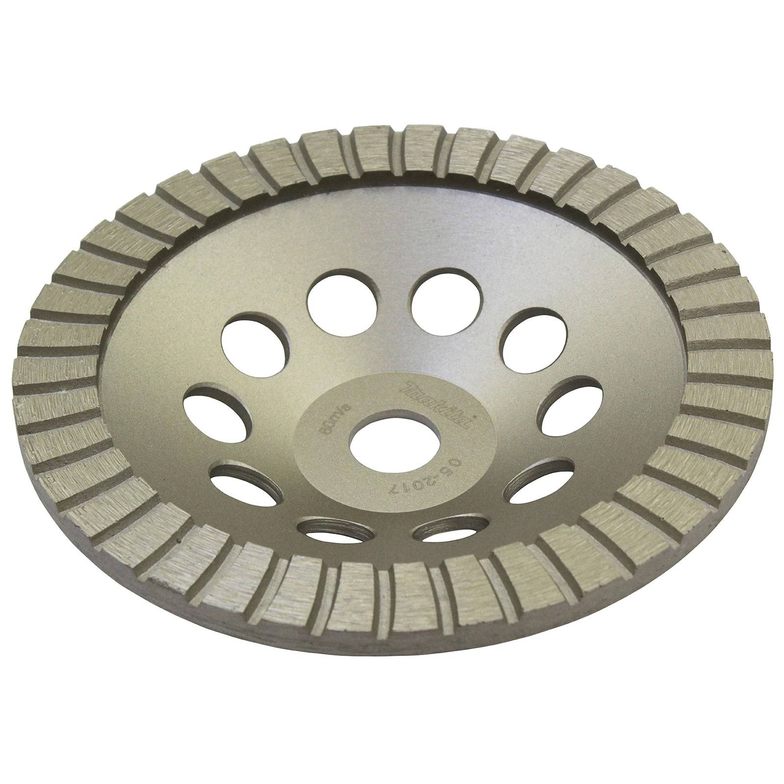 Ein kreisförmiges Schleifrad mit Diamantsegmentrand und mehreren Löchern in der Mitte zum Schleifen und Schneiden von Materialien.