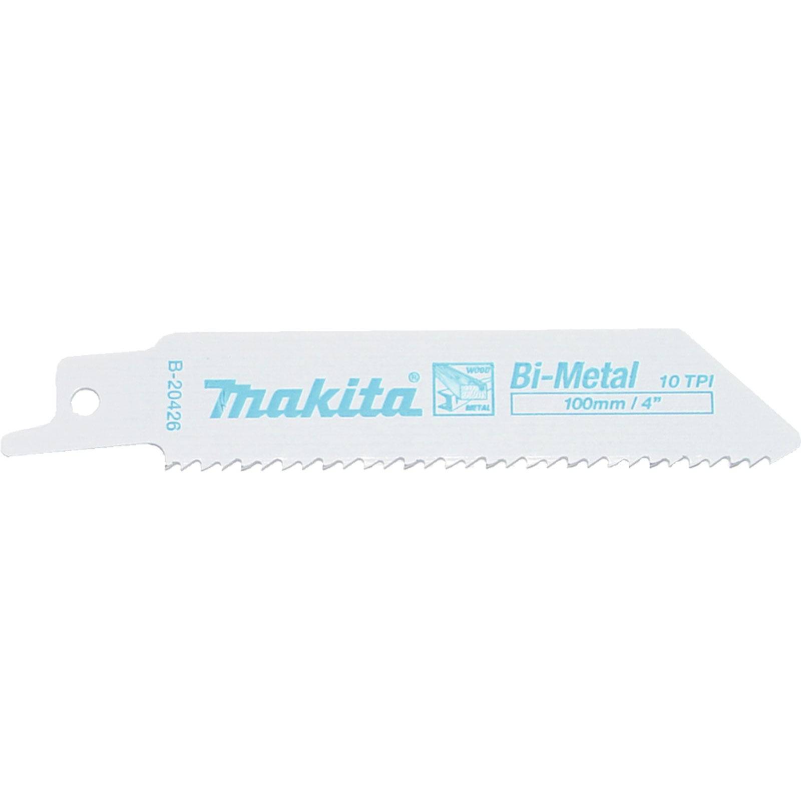 Eine Makita Bi-Metall-Sägeblatt, 100 mm Länge, 10 TPI, entwickelt für präzise Schneidaufgaben. Das Sägeblatt ist weiß mit blauer Markenbeschriftung.