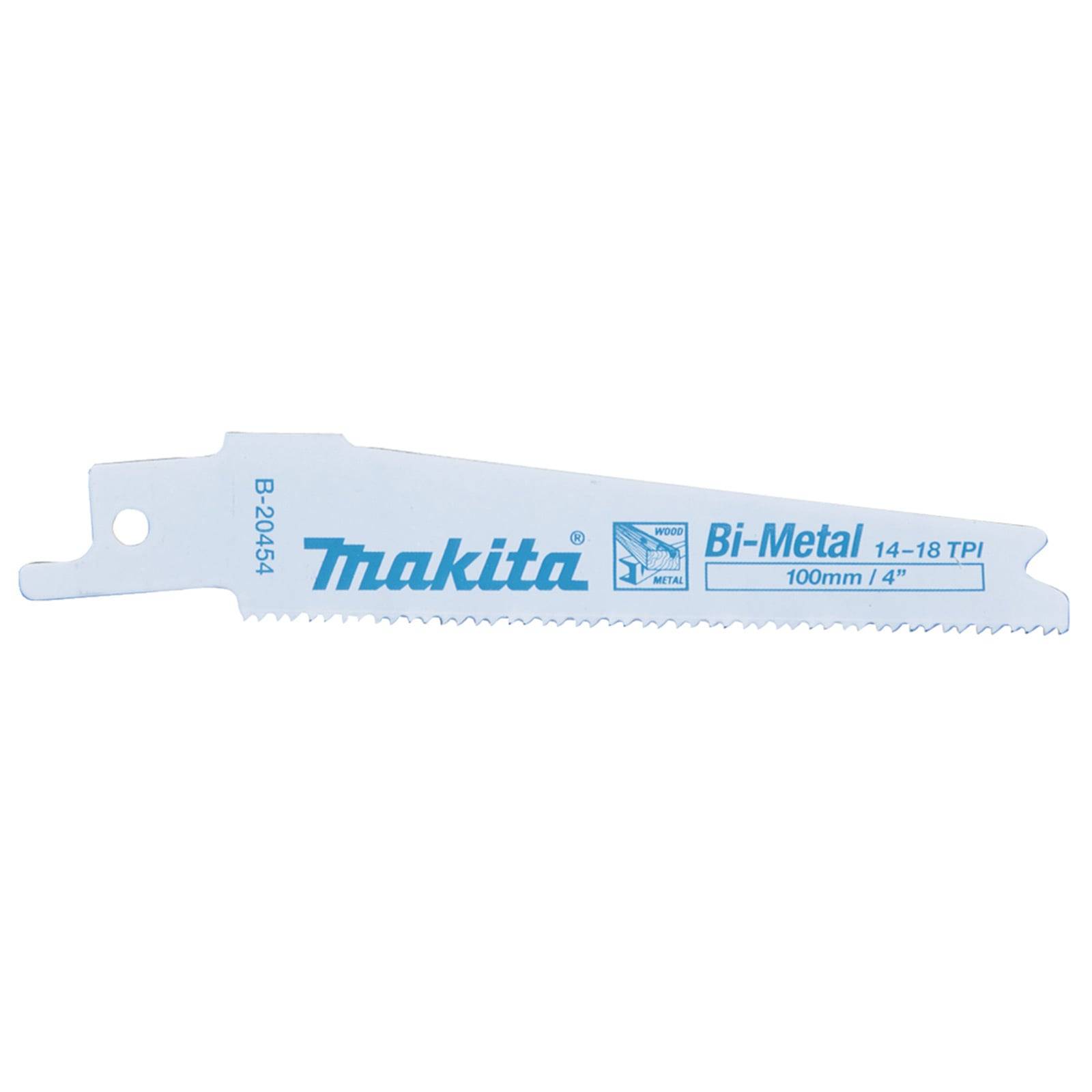 Eine blau-weiße Makita Bi-Metall-Sägeblatt, beschriftet mit '14-18 Zähne pro Zoll, 100mm, 4 Zoll', mit einer Befestigungsöse an einem Ende.