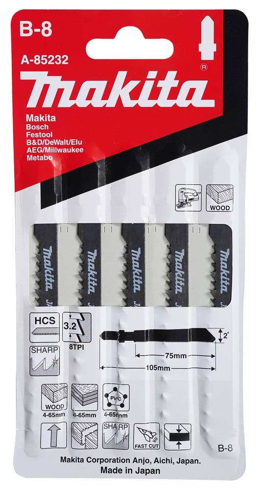 Makita Stichsägeblatt für Holz Schnelle Schnitte B-8 • 75 mm • 8 • HCS • 5 Stk.