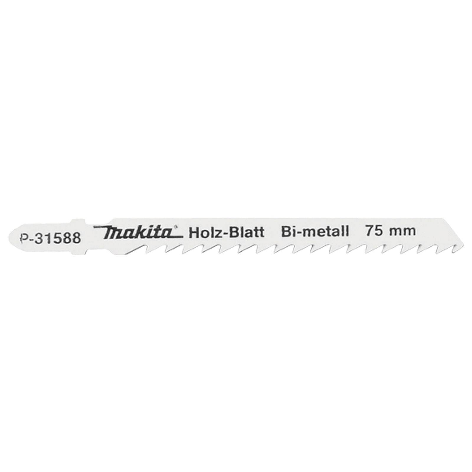 Eine silberne Makita Stichsägeblatt mit der Aufschrift 'Holz-Blatt Bi-metall 75 mm', konzipiert zum Schneiden von Holz.