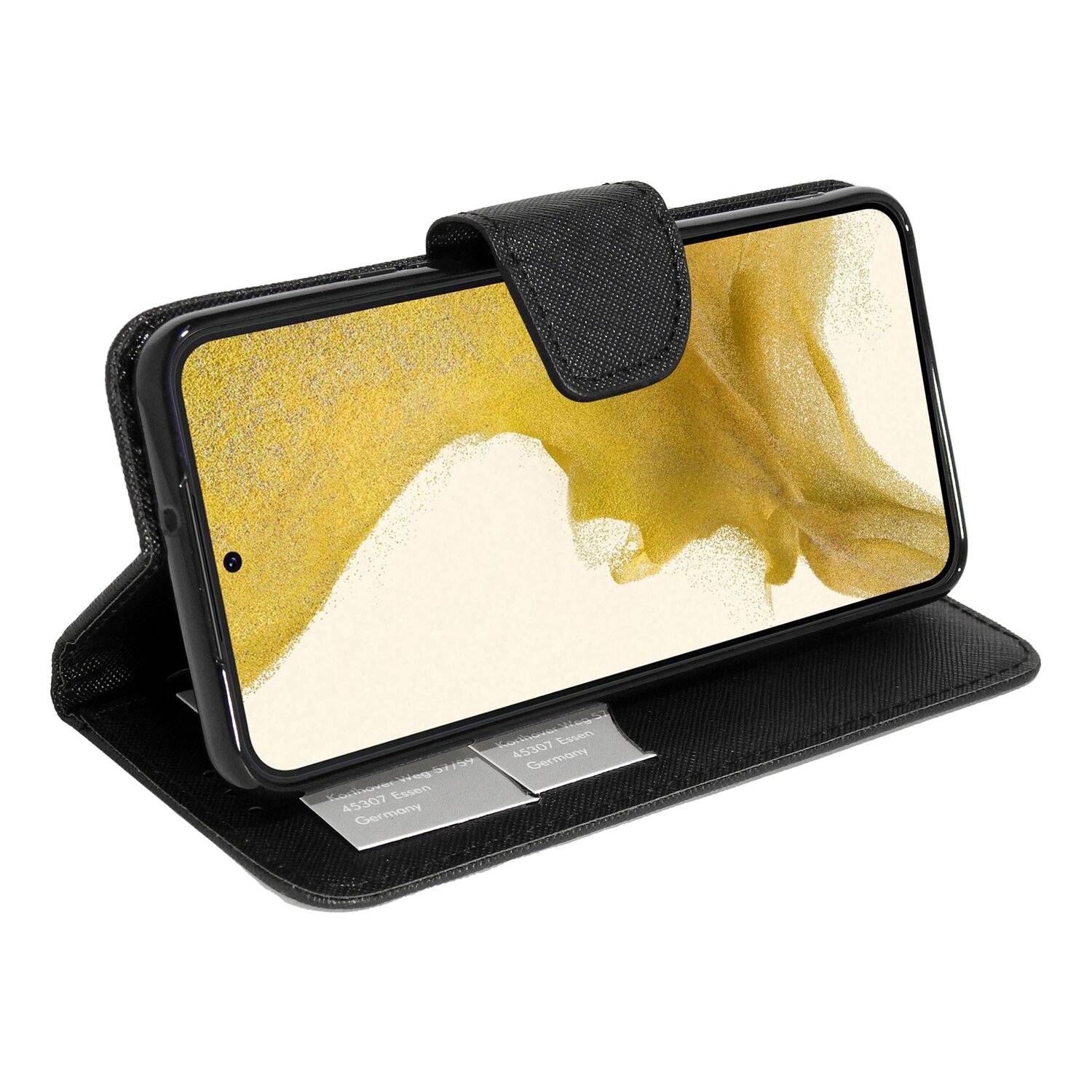 Buch Tasche "Fancy" für SAMSUNG GALAXY S22 (SM-S901B) Handy Hülle Schutzhülle mit Standfunktion, Kartenfach Schwarz