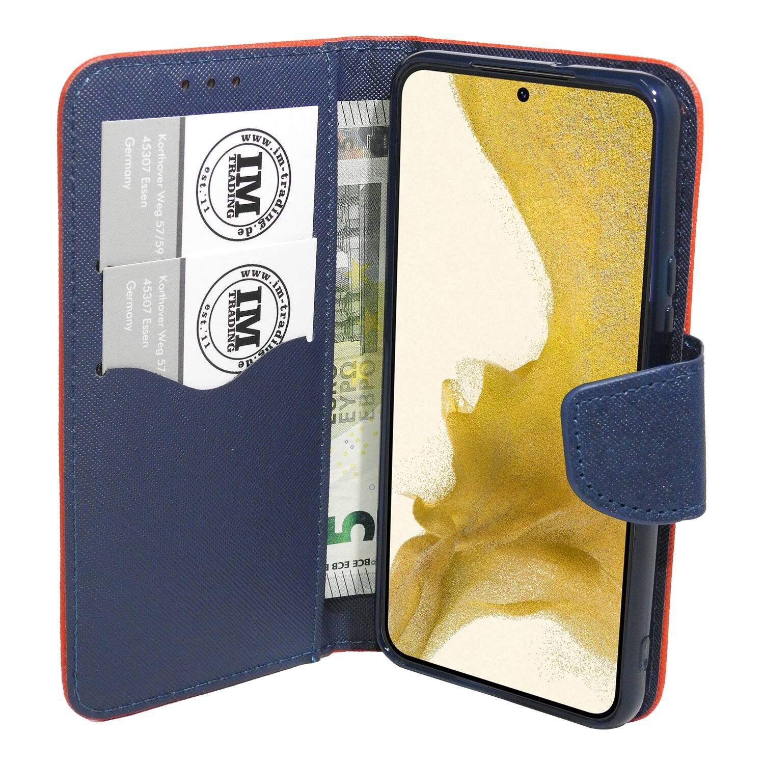 Buch Tasche "Fancy" für SAMSUNG GALAXY S22 (S901B) Handy Hülle Schutzhülle mit Standfunktion, Kartenfach Rot-Blau