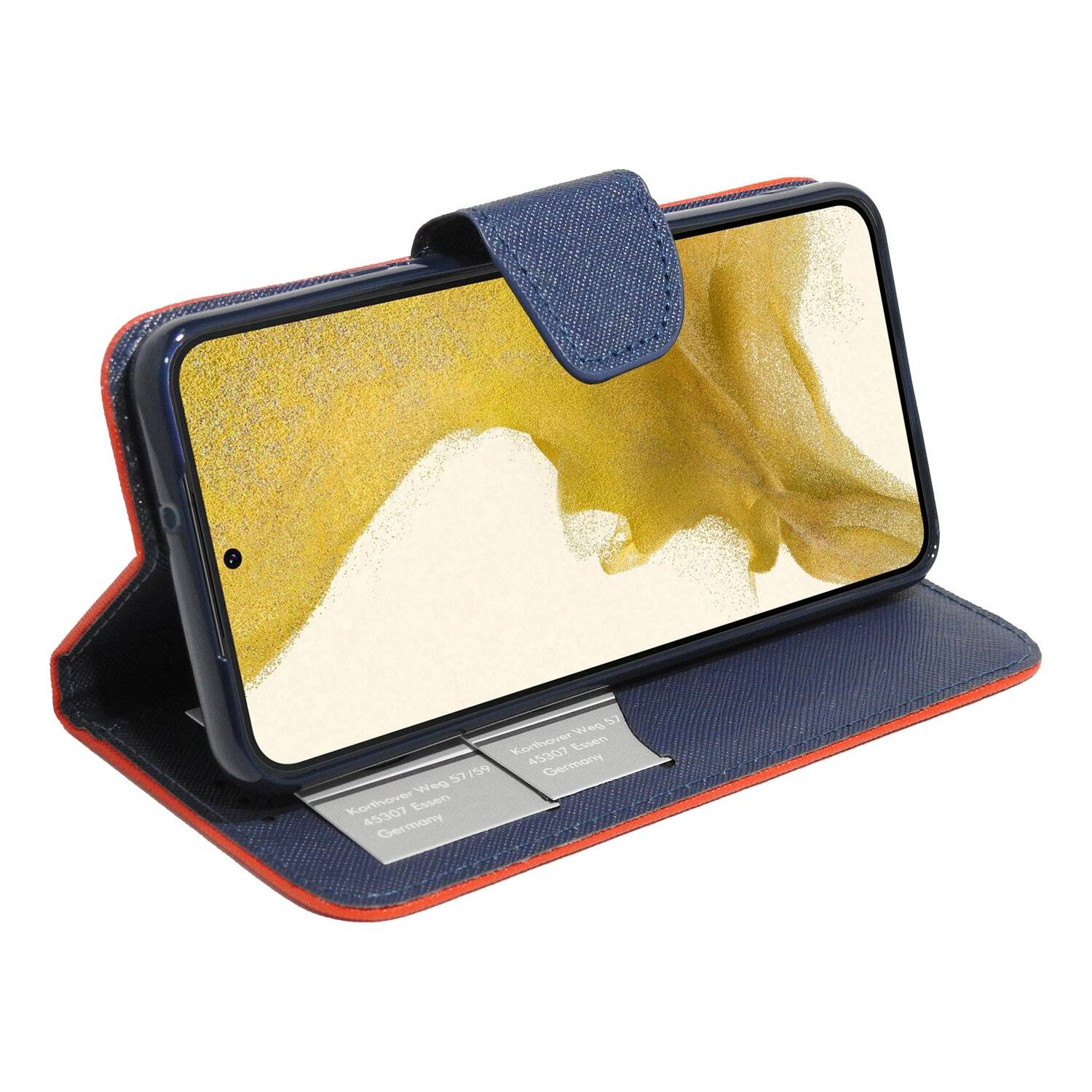 Buch Tasche "Fancy" für SAMSUNG GALAXY S22 (S901B) Handy Hülle Schutzhülle mit Standfunktion, Kartenfach Rot-Blau