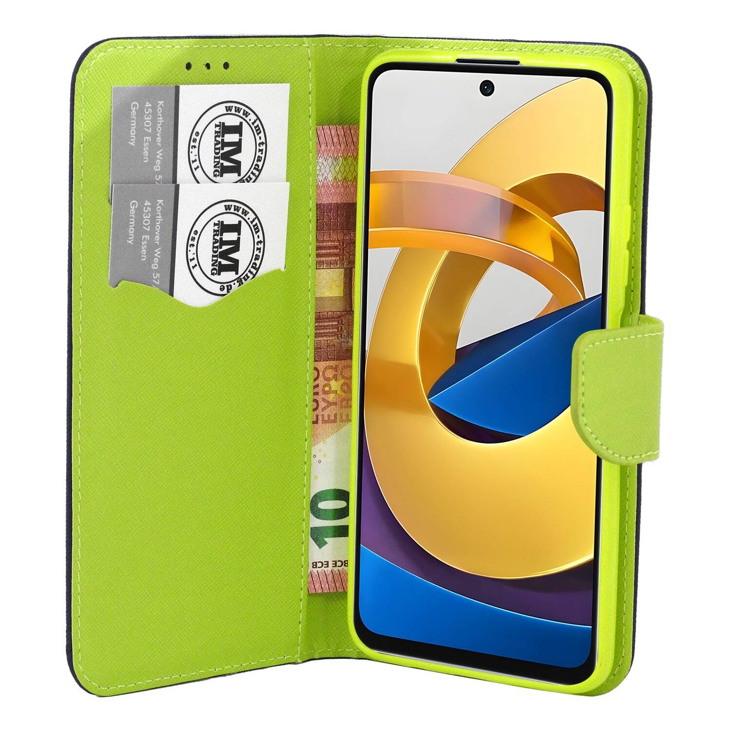 Buch Tasche "Fancy" für XIAOMI POCO M4 PRO 5G Handy Hülle Etui Schutzhülle mit Standfunktion, Kartenfach Blau-Grün