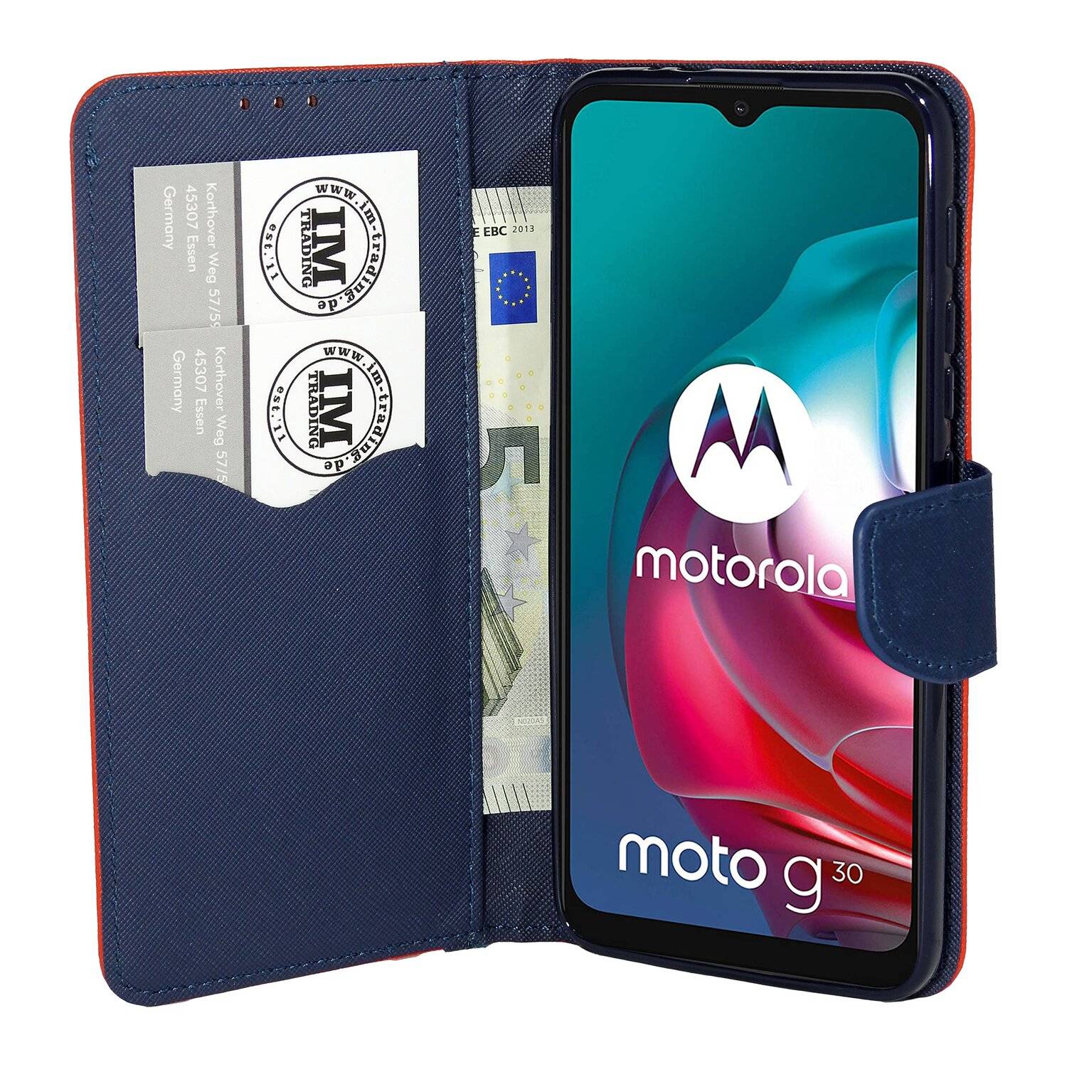 Buch Tasche "Fancy" für MOTOROLA MOTO G10 Handy Hülle Brieftasche Schutzhülle mit Standfunktion, Kartenfach Rot-Blau