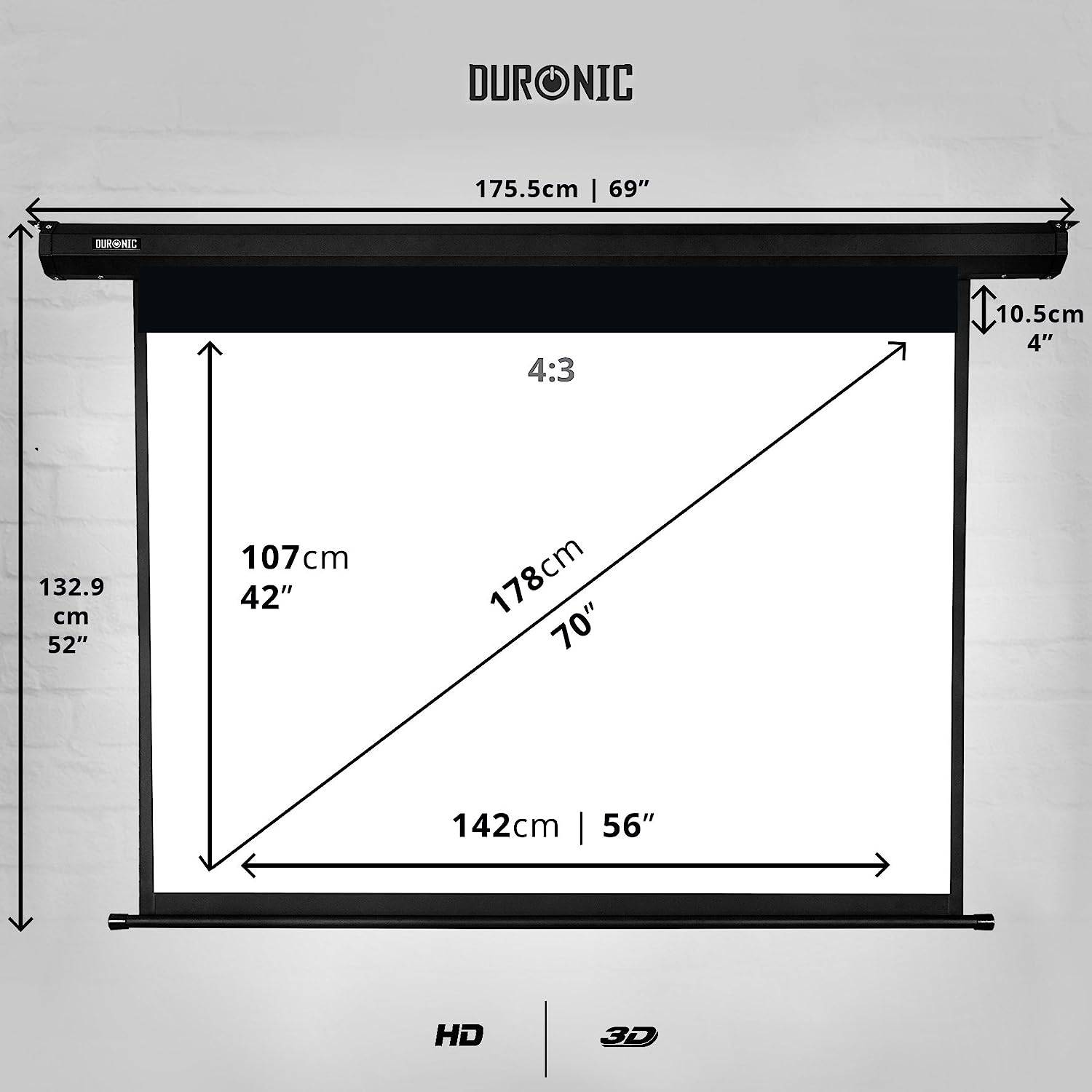 Duronic EPS70 Leinwand - 16:9 Beamer Screen - 142 x 107cm - 70 Zoll - Motorisierte Projektorleinwand - Wand und Decke