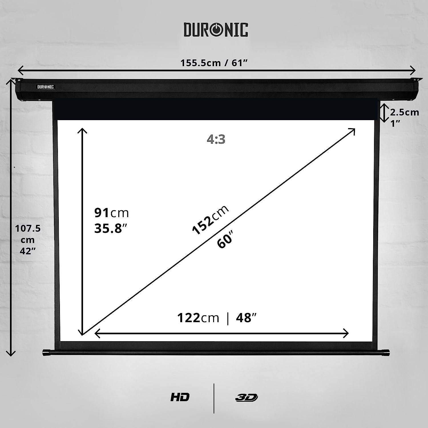 Duronic EPS60 Leinwand - 16:9 Beamer Screen - 122 x 91cm - 60 Zoll - Motorisierte Projektorleinwand - Wand und Decke
