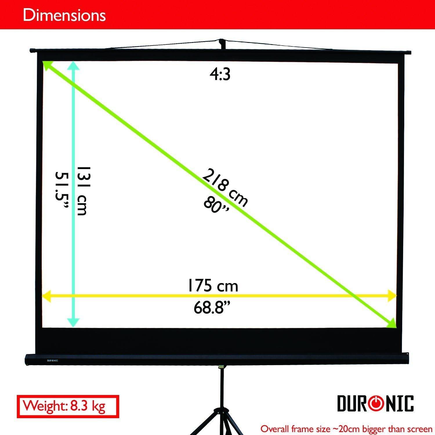 Duronic TPS86 Leinwand - 4:3 Beamer Screen - 175 x 131cm - 86 Zoll - Tragbare und leichte Stativleinwand - 4K Full HD 3D