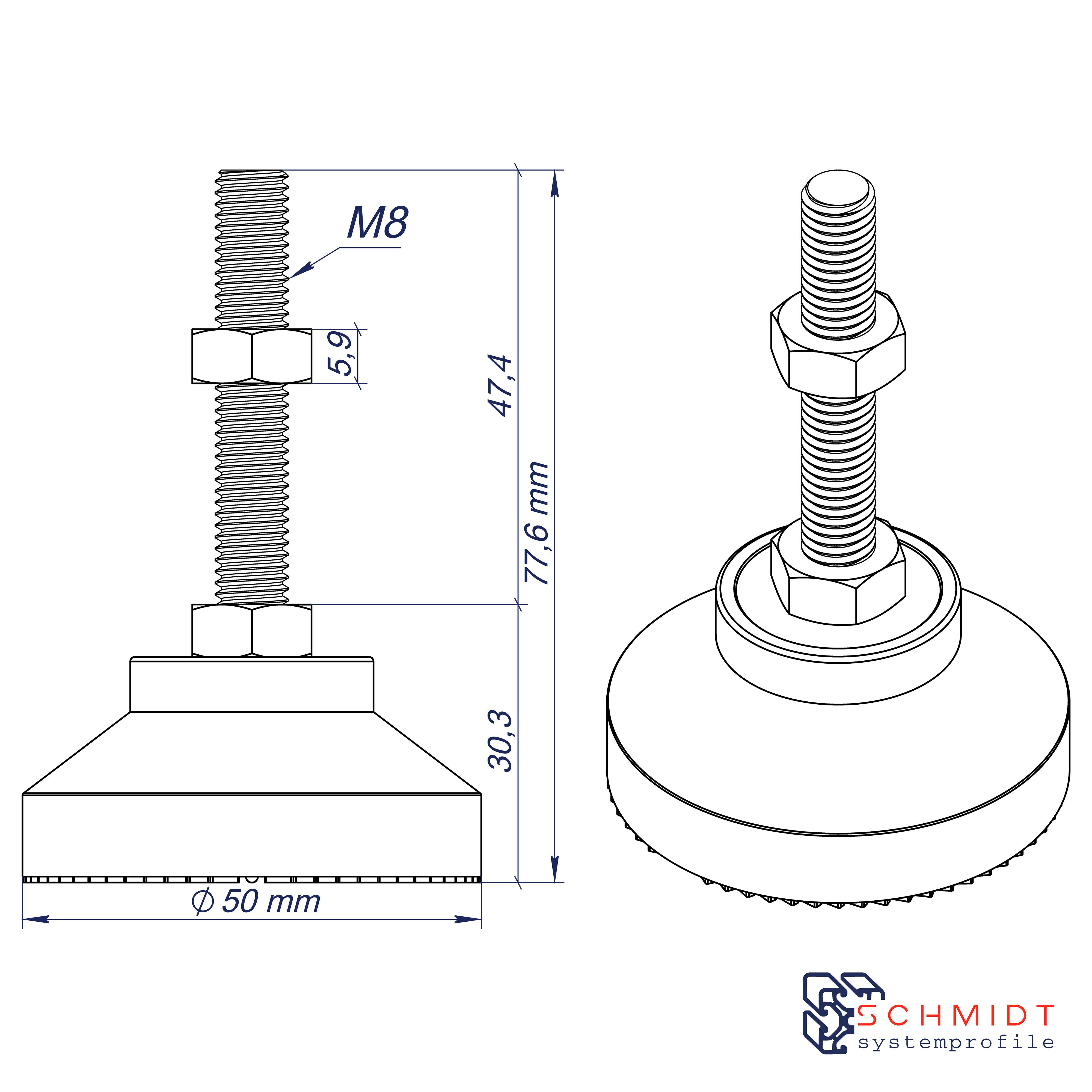 SCHMIDT systemprofile 4x Stellfuß M8 Fuß höhenverstellbar Maschinenfuß Standfuß Nivellierfuß Sockelfuß Aluprofil-Zubehör